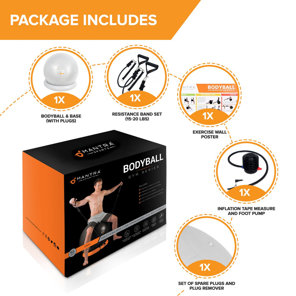 bodyball & base, resistance band set, exercise wall poster, inflation tape measure and foot pump, set of spare plugs and plug remover