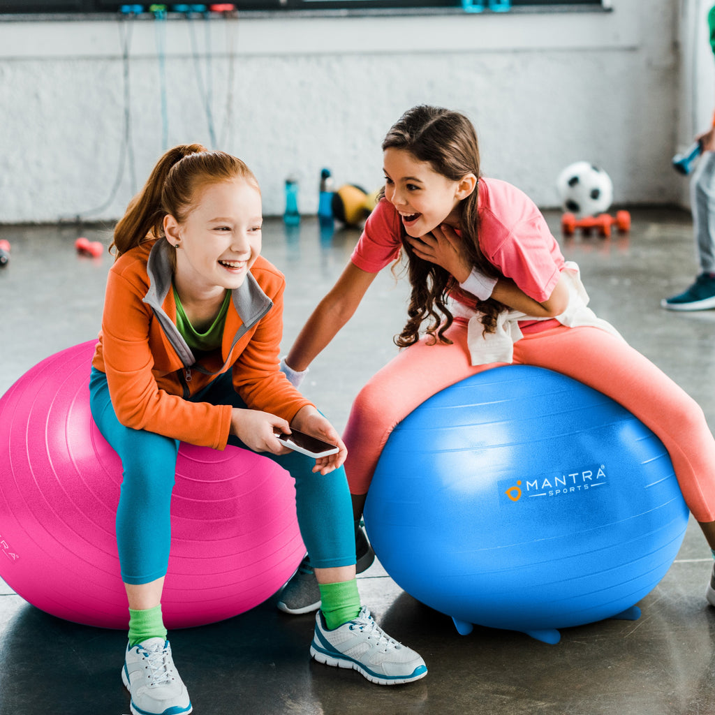 Yoga Ball & Chair for Kids. Includes Fidget Bands & Fitness Games Posters.