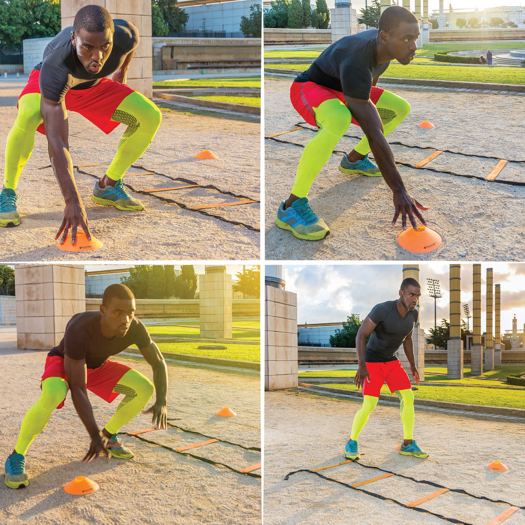 a man using the agility ladder and speed cones