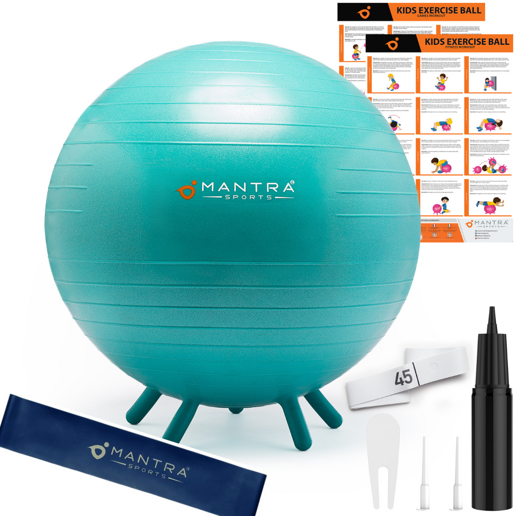 Yoga Ball & Chair for Kids. Includes Fidget Bands & Fitness Games Posters.